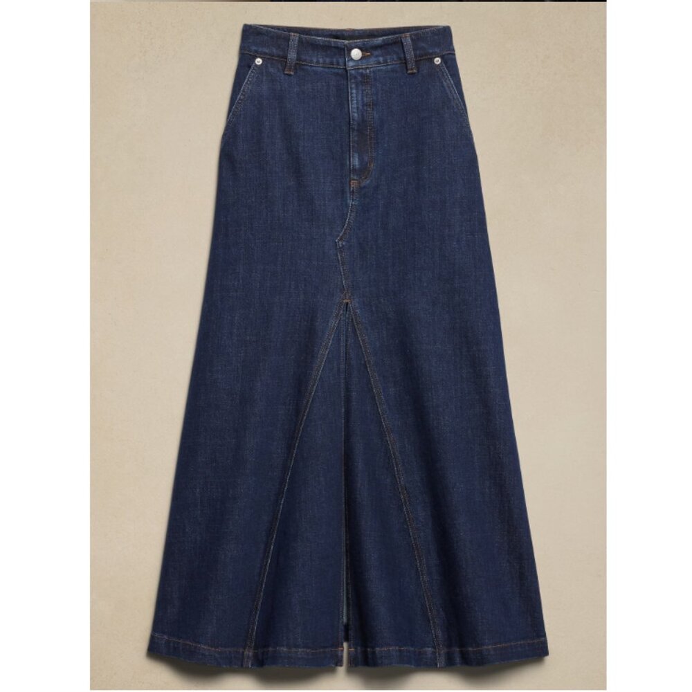 Center Split Classic Denim Maxi Skirt
